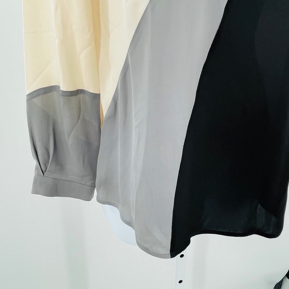 Halston Heritage Cream Gray Black Asymmetrical Silk Long Sleeve Blouse Top XS - Picture 4 of 11